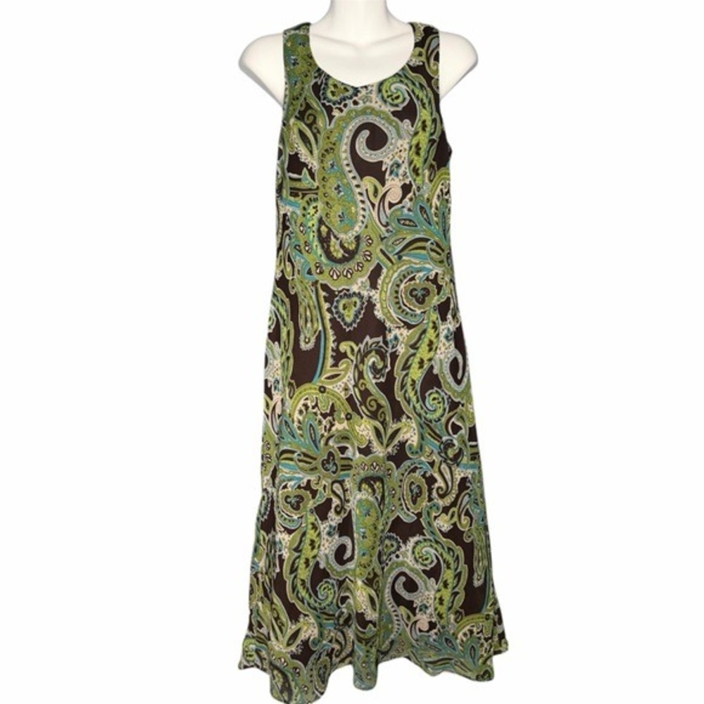Vintage Women 12 Paisley Print Midi Shift Dress Silky Sleeveless Boho 90s Y2K